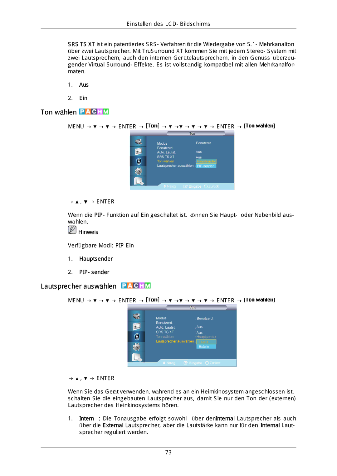 Samsung LH40DLPLGD/EN, LH46DLTLGD/EN, LH40DLTLGD/EN manual Ton wählen, Lautsprecher auswählen, Hauptsender PIP-sender 