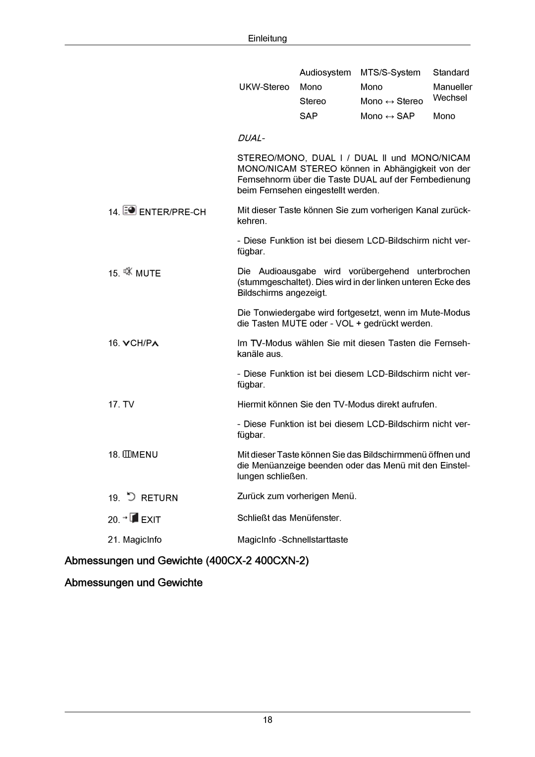 Samsung LH46DLPLGD/EN, LH40DLPLGD/EN, LH46DLTLGD/EN, LH40DLTLGD/EN manual Abmessungen und Gewichte 400CX-2 400CXN-2, Dual 