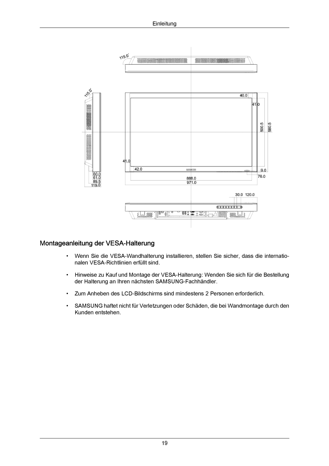 Samsung LH40DLPLGD/EN, LH46DLTLGD/EN, LH40DLTLGD/EN, LH46DLPLGD/EN manual Montageanleitung der VESA-Halterung 