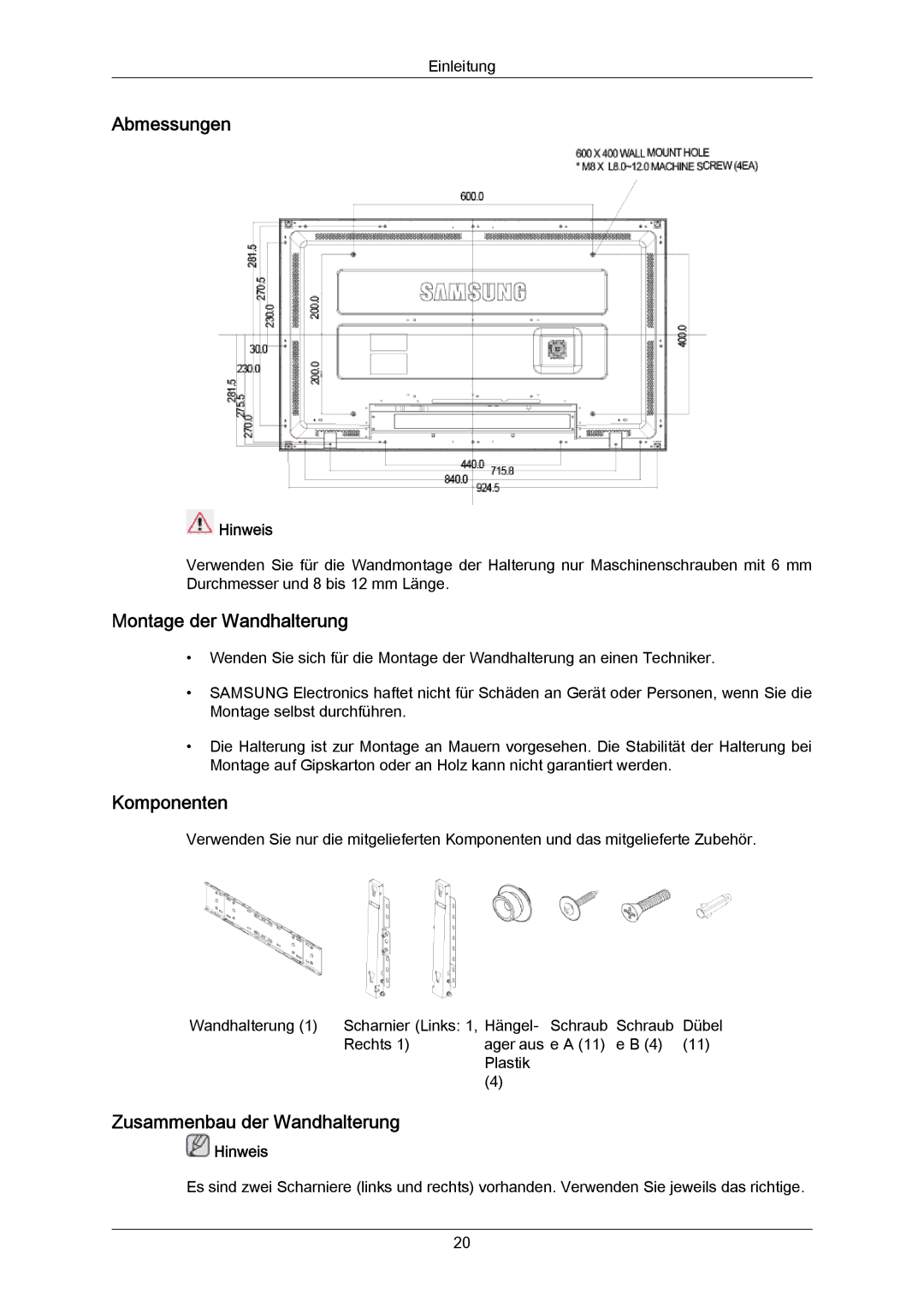 Samsung LH46DLTLGD/EN, LH40DLPLGD/EN Abmessungen, Montage der Wandhalterung, Komponenten, Zusammenbau der Wandhalterung 