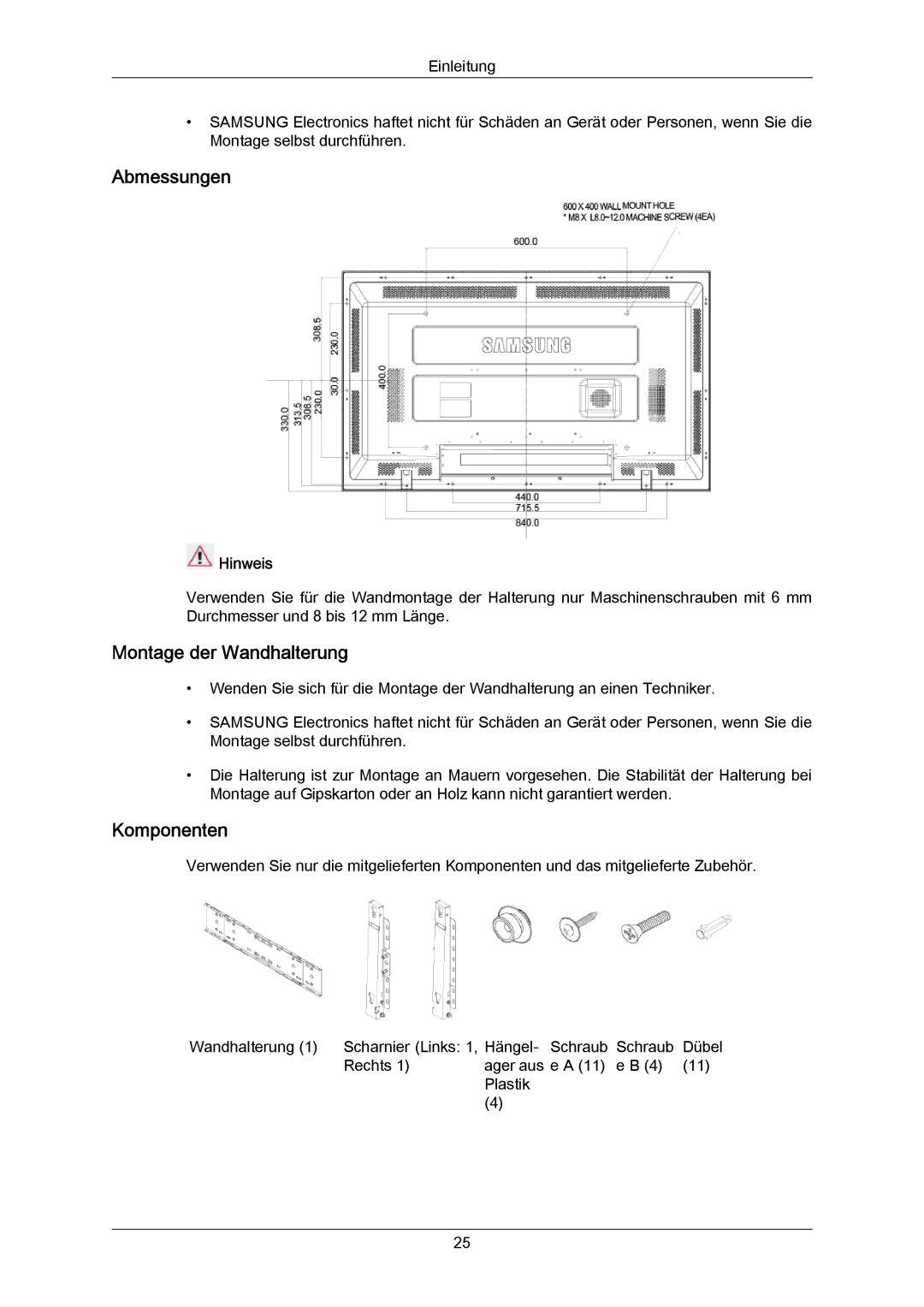 Samsung LH40DLTLGD/EN, LH40DLPLGD/EN, LH46DLTLGD/EN, LH46DLPLGD/EN manual Abmessungen 