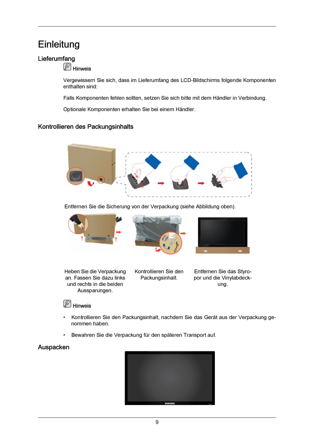 Samsung LH40DLTLGD/EN, LH40DLPLGD/EN, LH46DLTLGD/EN manual Lieferumfang, Kontrollieren des Packungsinhalts, Auspacken 