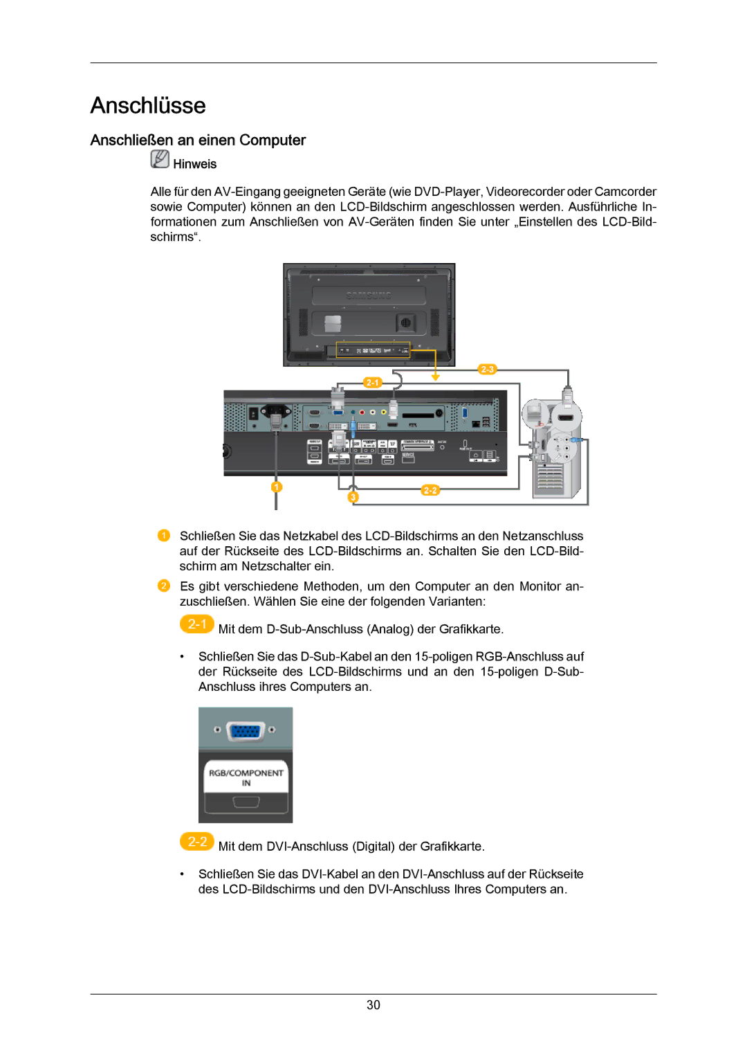 Samsung LH46DLPLGD/EN, LH40DLPLGD/EN, LH46DLTLGD/EN, LH40DLTLGD/EN manual Anschlüsse, Anschließen an einen Computer 