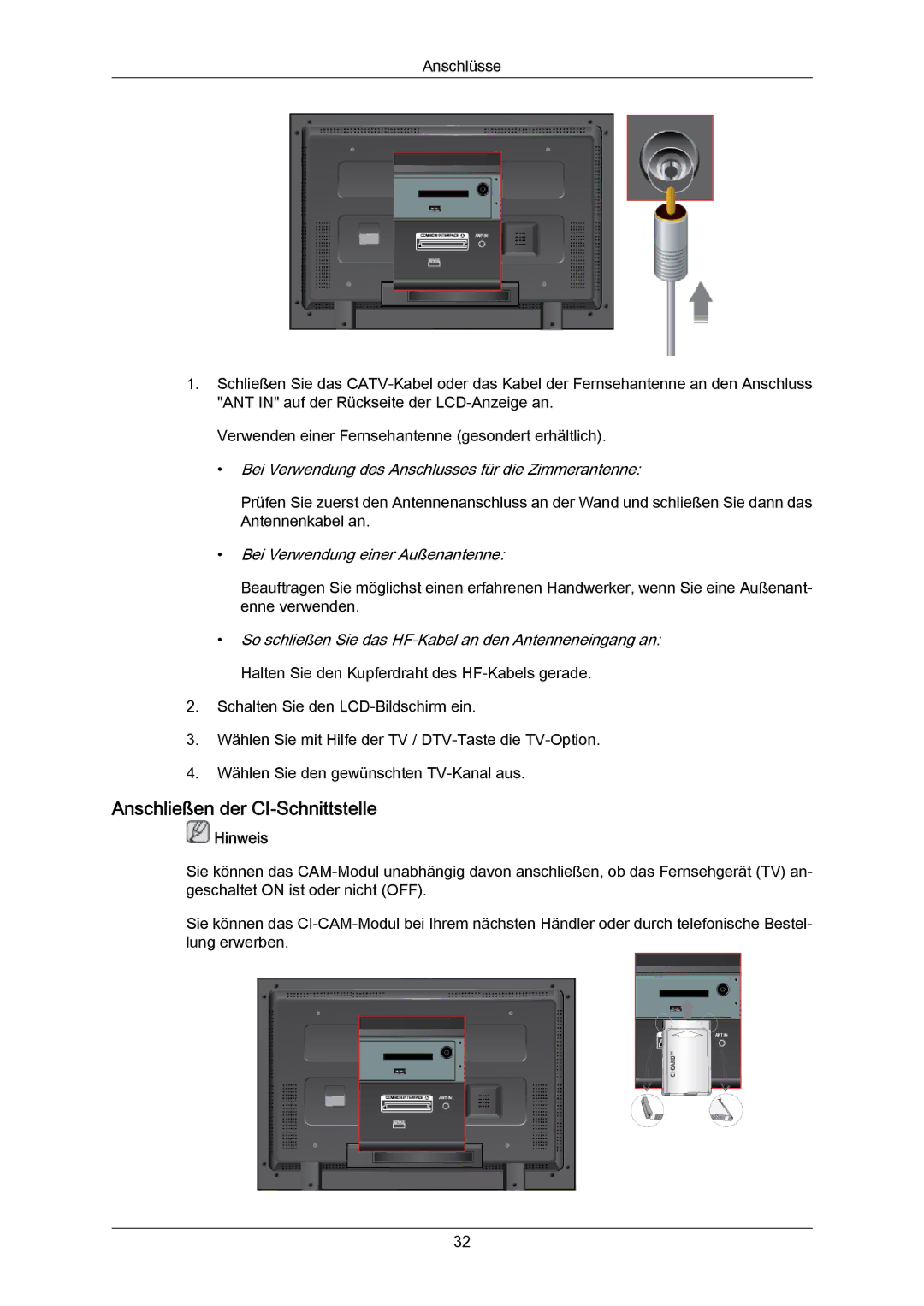 Samsung LH46DLTLGD/EN manual Anschließen der CI-Schnittstelle, Bei Verwendung des Anschlusses für die Zimmerantenne 