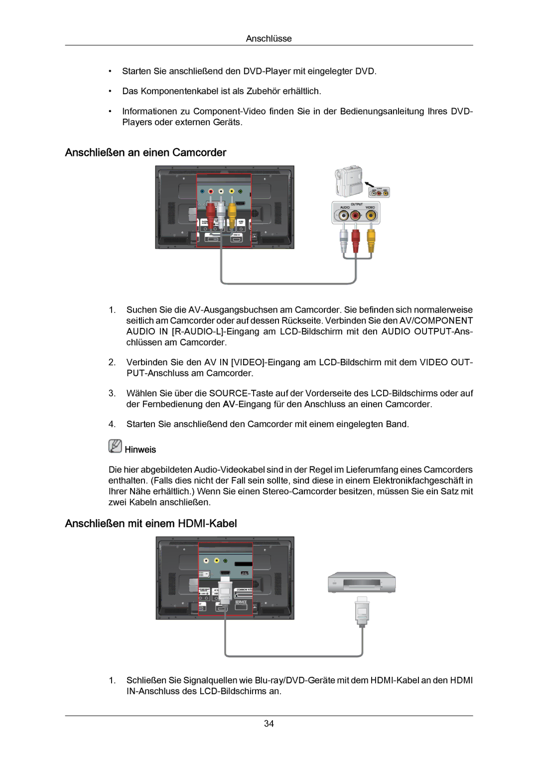 Samsung LH46DLPLGD/EN, LH40DLPLGD/EN, LH46DLTLGD/EN manual Anschließen an einen Camcorder, Anschließen mit einem HDMI-Kabel 