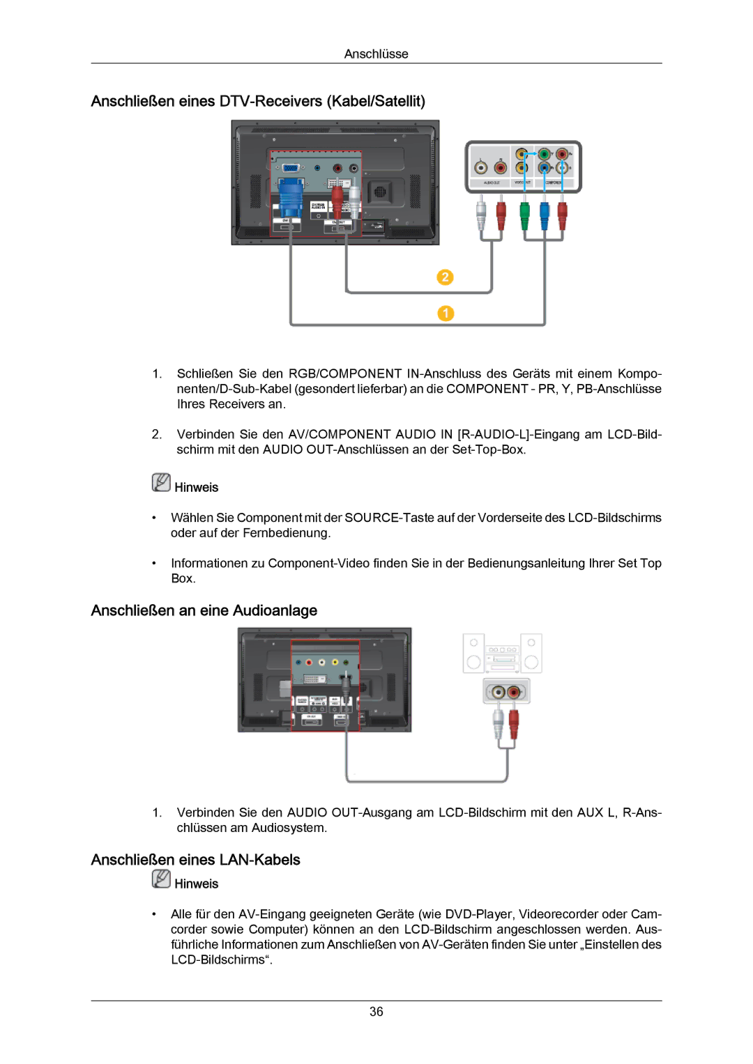 Samsung LH46DLTLGD/EN, LH40DLPLGD/EN manual Anschließen eines DTV-Receivers Kabel/Satellit, Anschließen an eine Audioanlage 