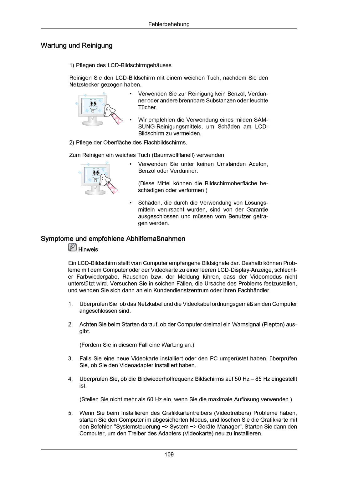 Samsung LH40DLPLGD/EN, LH46DLTLGD/EN, LH40DLTLGD/EN manual Wartung und Reinigung, Symptome und empfohlene Abhilfemaßnahmen 