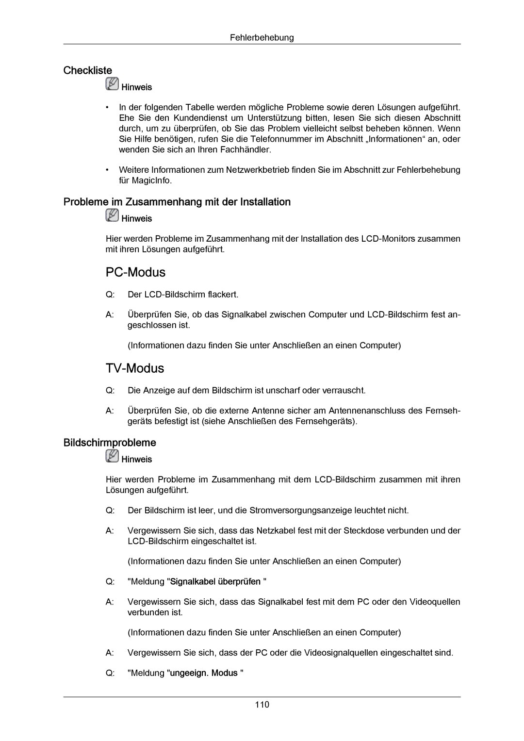 Samsung LH46DLTLGD/EN, LH40DLPLGD/EN manual Checkliste, Probleme im Zusammenhang mit der Installation, Bildschirmprobleme 