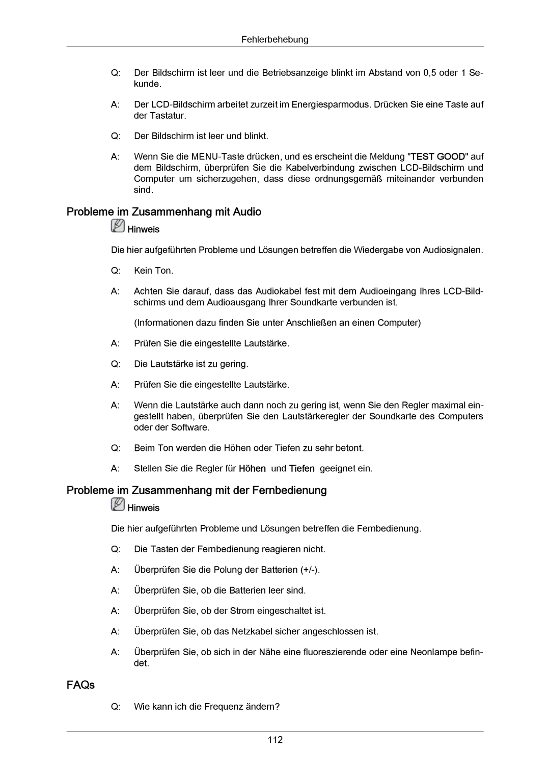 Samsung LH46DLPLGD/EN manual Probleme im Zusammenhang mit Audio, Probleme im Zusammenhang mit der Fernbedienung, FAQs 