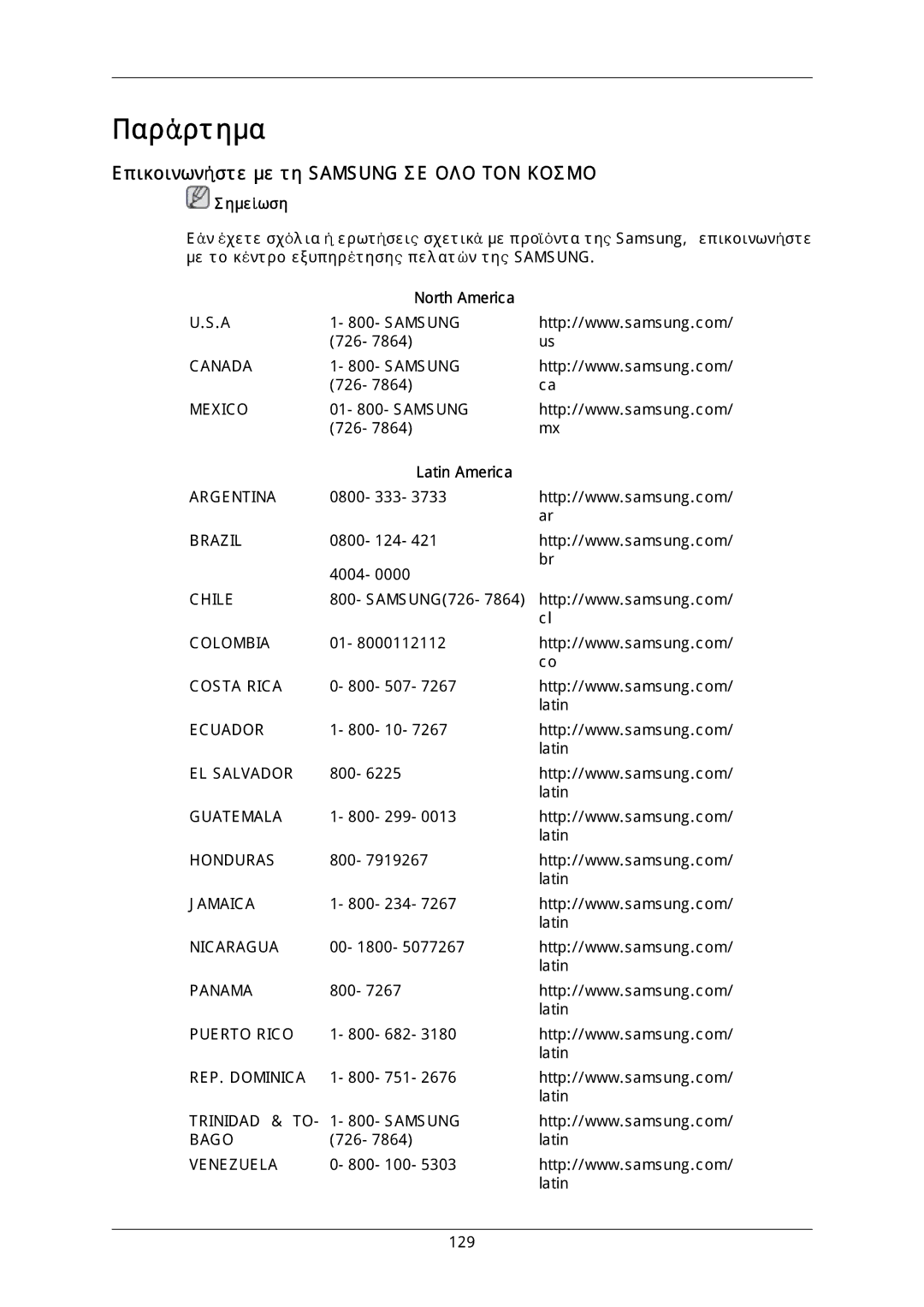 Samsung LH40DLPLGD/EN, LH46DLTLGD/EN manual Επικοινωνήστε με τη Samsung ΣΕ ΟΛΟ ΤΟΝ Κοσμο, North America, Latin America 