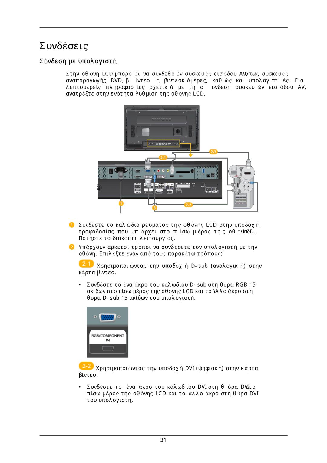 Samsung LH40DLPLGD/EN, LH46DLTLGD/EN, LH40DLTLGD/EN, LH46DLPLGD/EN manual Συνδέσεις, Σύνδεση με υπολογιστή 