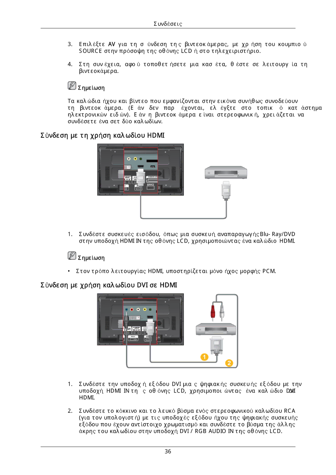 Samsung LH46DLTLGD/EN, LH40DLPLGD/EN manual Σύνδεση με τη χρήση καλωδίου Hdmi, Σύνδεση με χρήση καλωδίου DVI σε Hdmi 