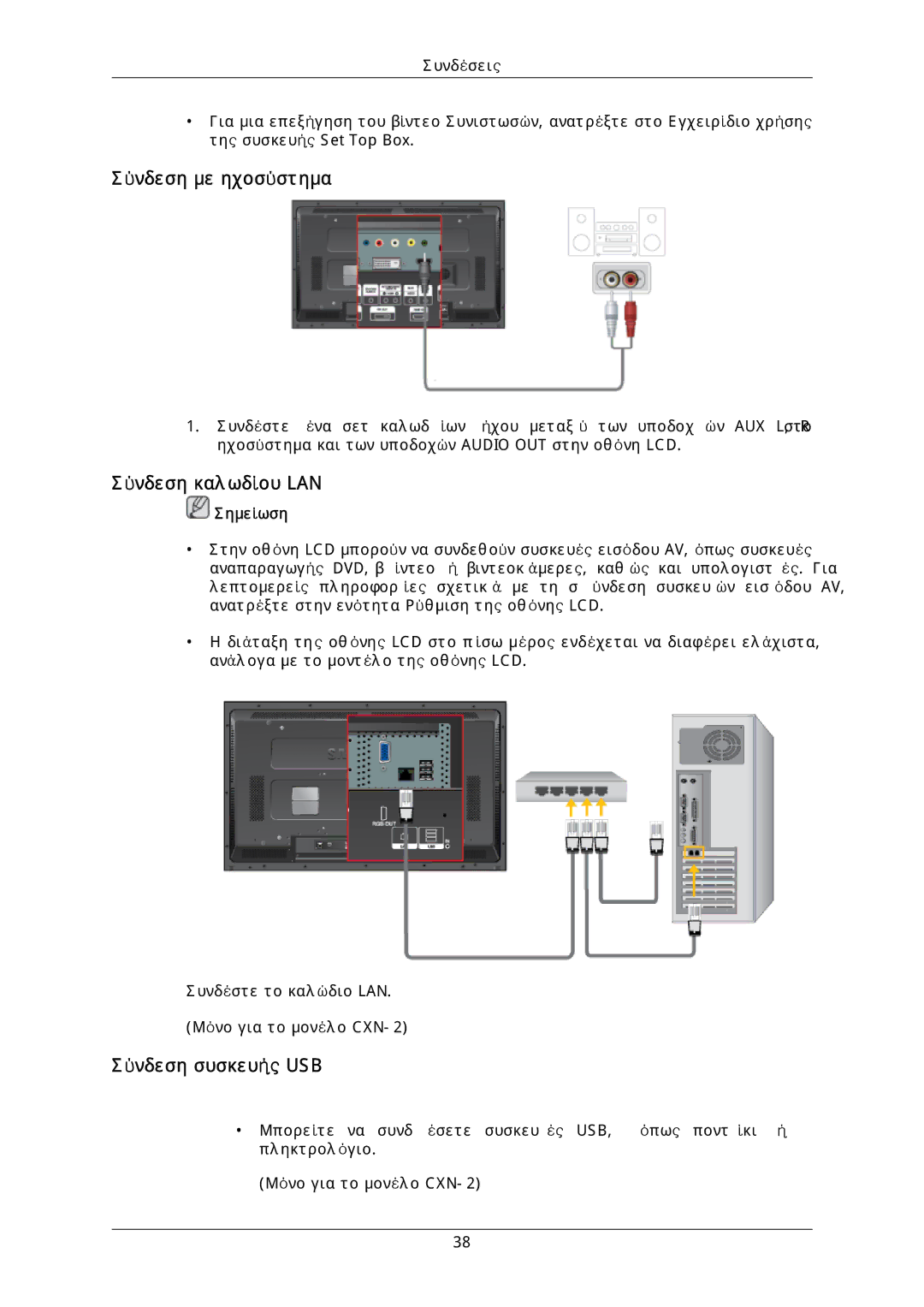 Samsung LH46DLPLGD/EN, LH40DLPLGD/EN, LH46DLTLGD/EN manual Σύνδεση με ηχοσύστημα, Σύνδεση καλωδίου LAN, Σύνδεση συσκευής USB 