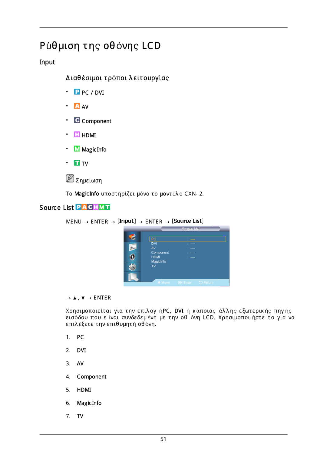 Samsung LH40DLTLGD/EN, LH40DLPLGD/EN, LH46DLTLGD/EN, LH46DLPLGD/EN manual Input Διαθέσιμοι τρόποι λειτουργίας, Source List 