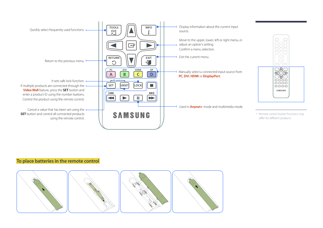 Samsung LH40DMDPLGC/UE, LH40DMDPLGC/EN To place batteries in the remote control, Quickly select frequently used functions 