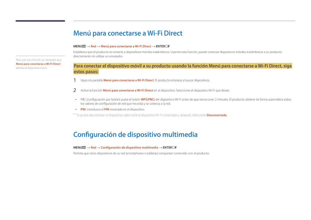 Samsung LH75DMDPLGC/EN, LH40DMDPLGC/EN manual Menú para conectarse a Wi-Fi Direct, Configuración de dispositivo multimedia 