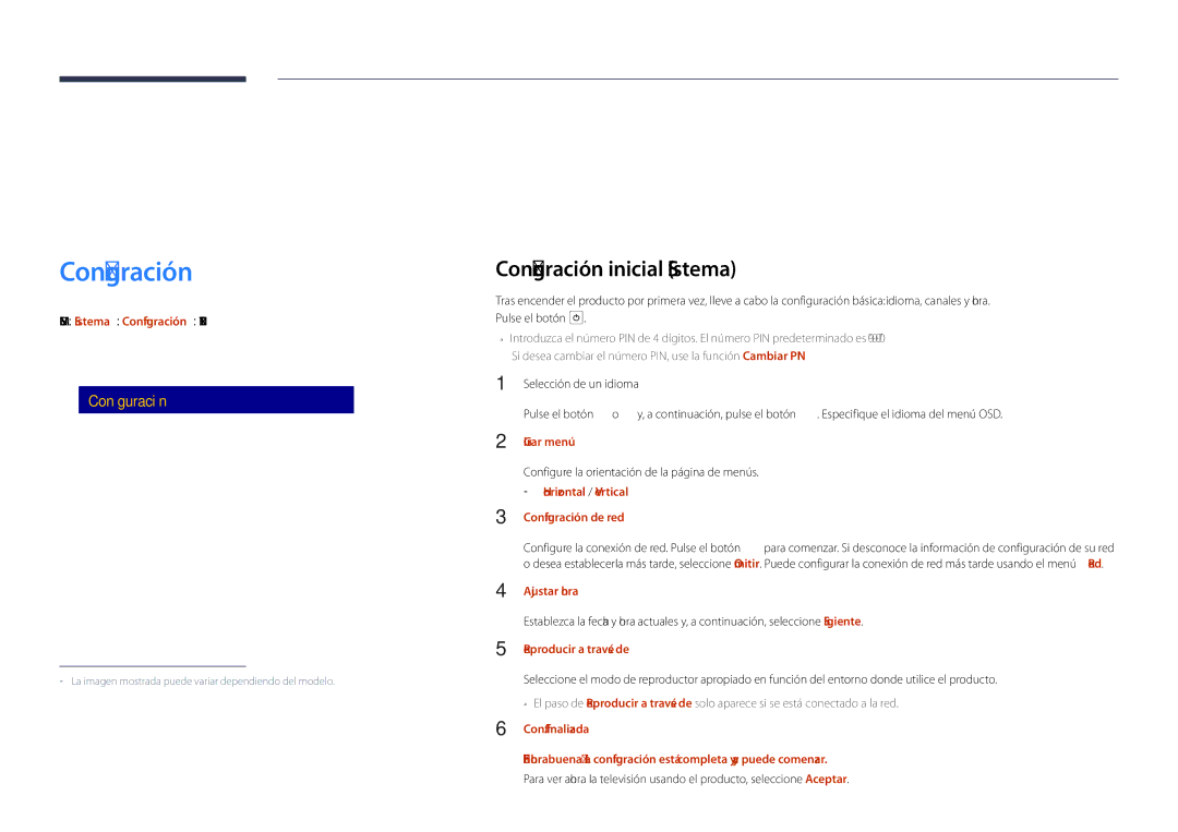 Samsung LH40DMDPLGC/EN, LH32DMDPLGC/EN, LH55DMDPLGC/EN, LH48DMDPLGC/EN, LH75DMDPLGC/EN Configuración inicial Sistema 