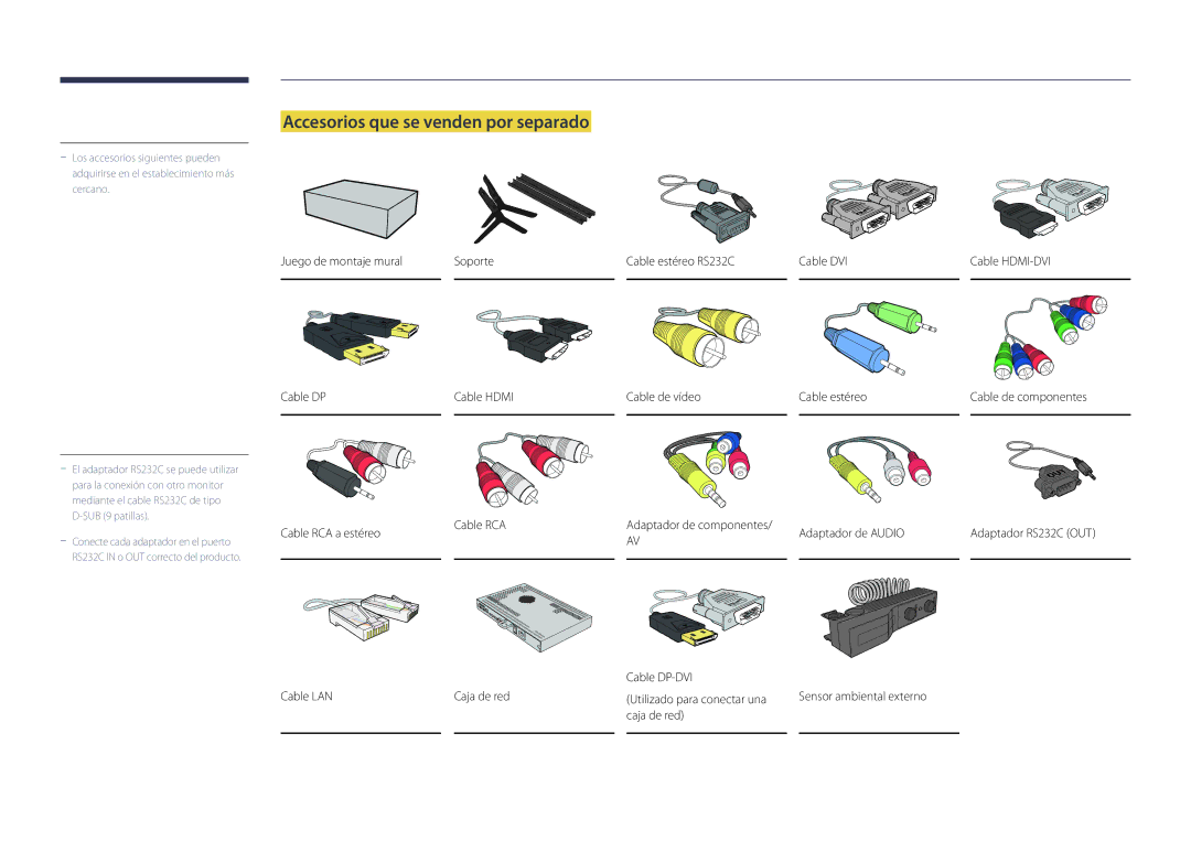 Samsung LH40DMDPLGK/EN, LH40DMDPLGC/EN manual Accesorios que se venden por separado, Cable DP-DVI, Cable LAN Caja de red 