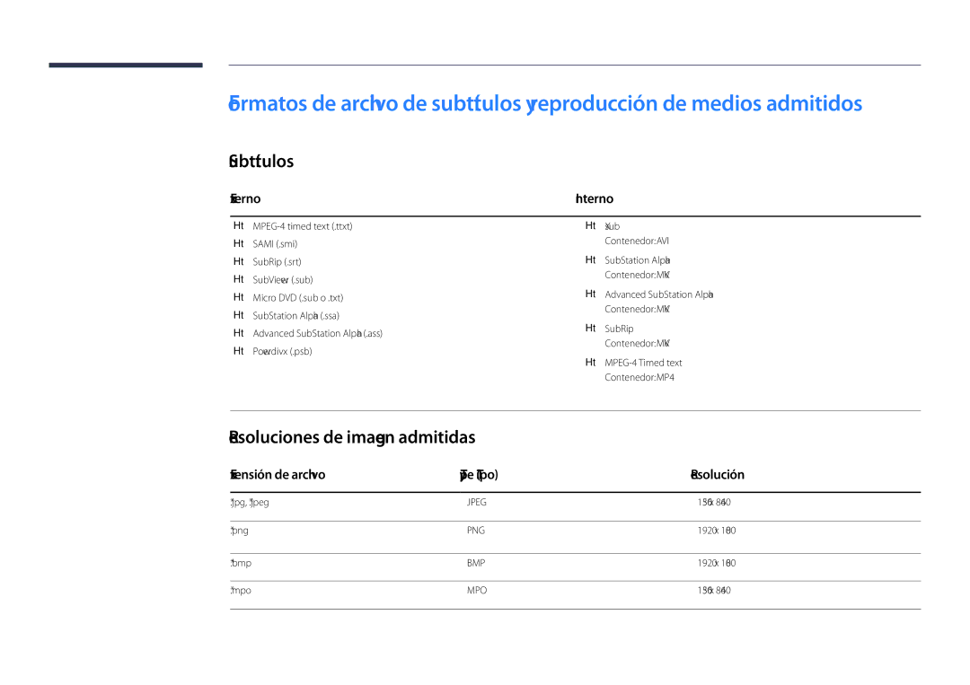 Samsung LH48DMDPLGC/EN Subtítulos, Resoluciones de imagen admitidas, Externo, Extensión de archivo Type Tipo Resolución 