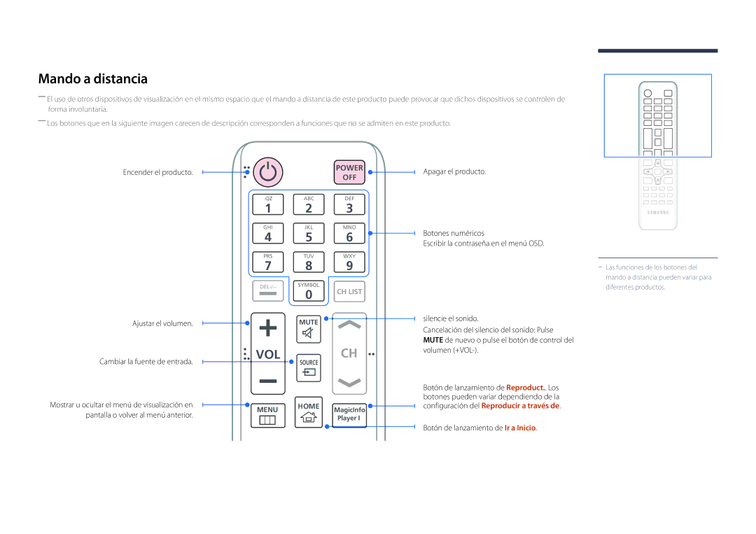 Samsung LH75DMDPLGC/EN, LH40DMDPLGC/EN, LH32DMDPLGC/EN manual Mando a distancia, Botón de lanzamiento de Ir a Inicio 