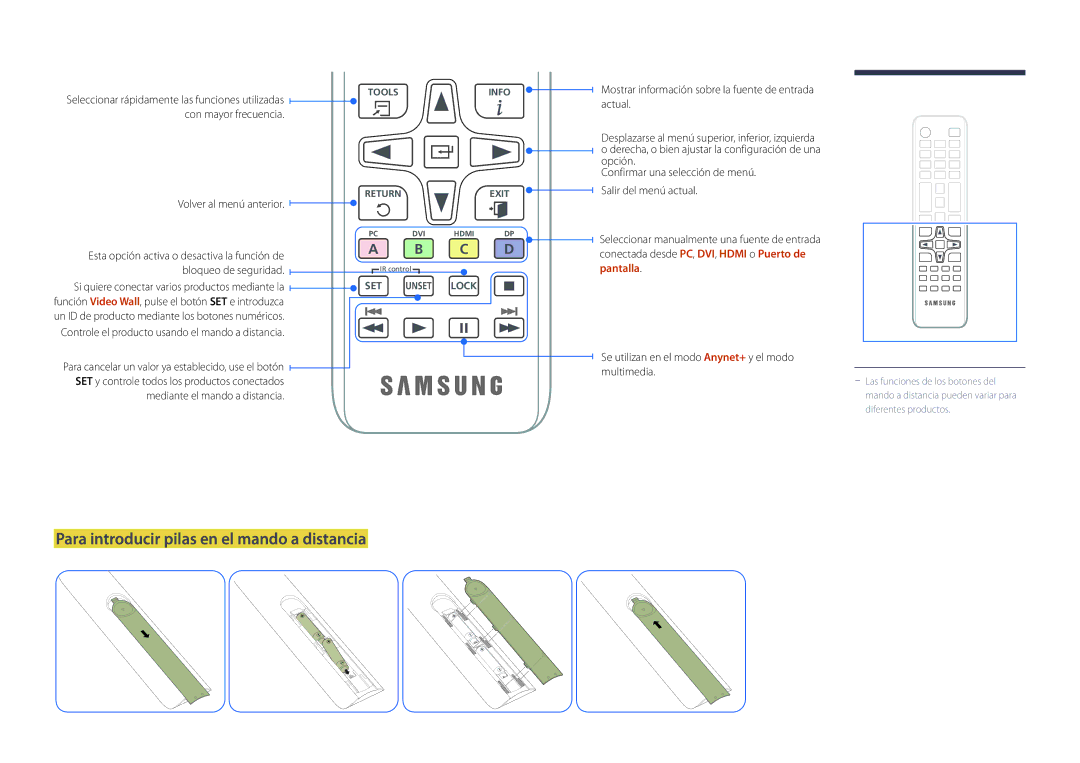 Samsung LH32DMDPLGK/EN, LH40DMDPLGC/EN, LH32DMDPLGC/EN manual Para introducir pilas en el mando a distancia, Pantalla 