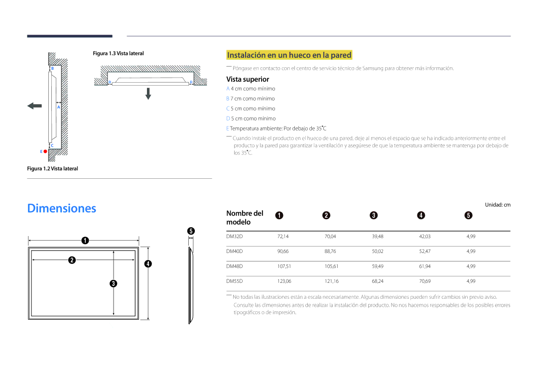 Samsung LH32DMDPLGC/EN, LH40DMDPLGC/EN Dimensiones, Instalación en un hueco en la pared, Vista superior, Nombre del Modelo 