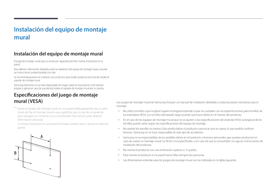 Samsung LH48DMDPLGC/EN manual Instalación del equipo de montaje mural, Especificaciones del juego de montaje mural Vesa 