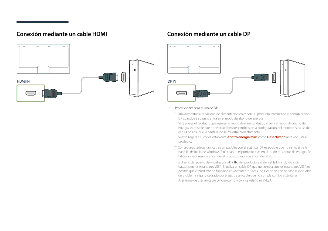 Samsung LH40DMDPLGK/EN Conexión mediante un cable Hdmi, Conexión mediante un cable DP, Precauciones para el uso de DP 