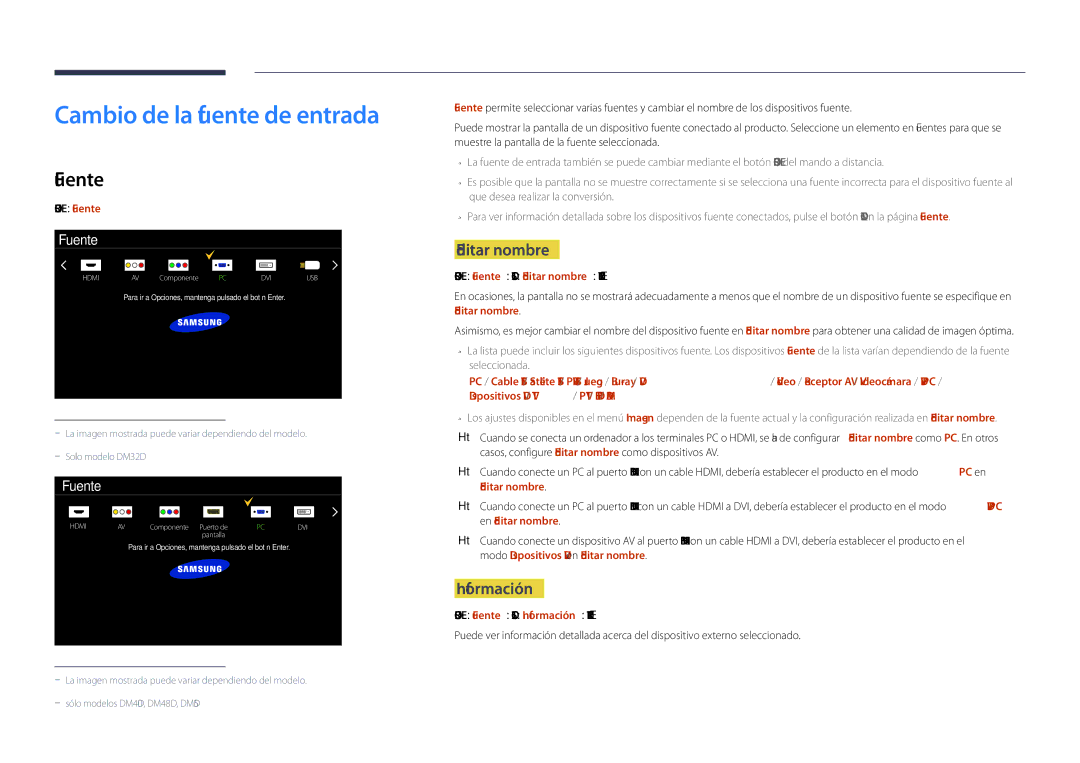 Samsung LH32DMDPLGK/EN, LH40DMDPLGC/EN, LH32DMDPLGC/EN Cambio de la fuente de entrada, Fuente, Editar nombre, Información 