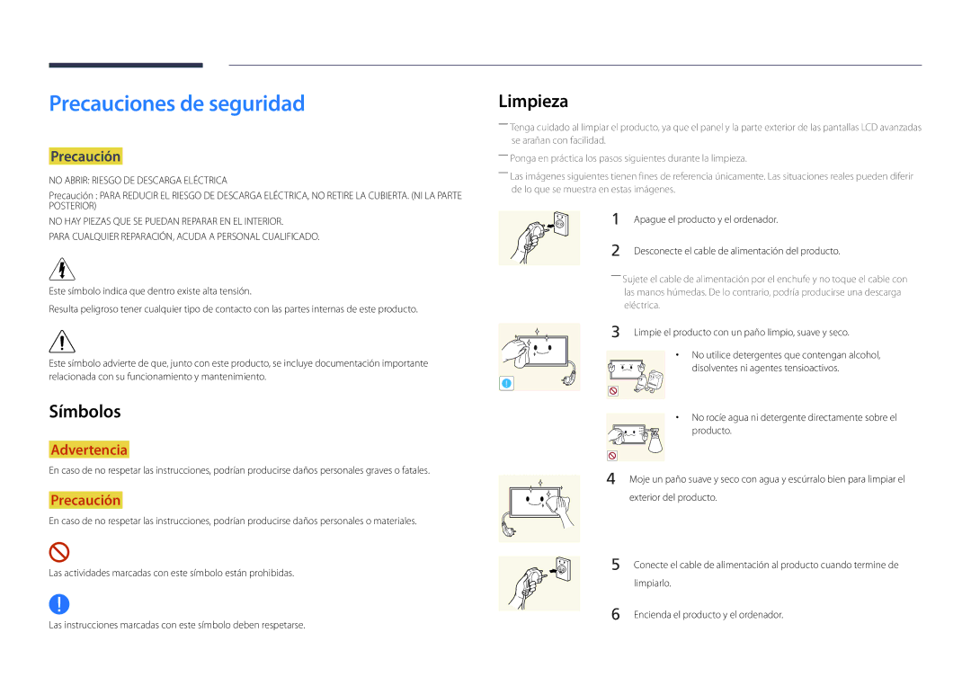 Samsung LH32DMDPLGK/EN manual Precauciones de seguridad, Limpieza, Símbolos, Precaución, Apague el producto y el ordenador 