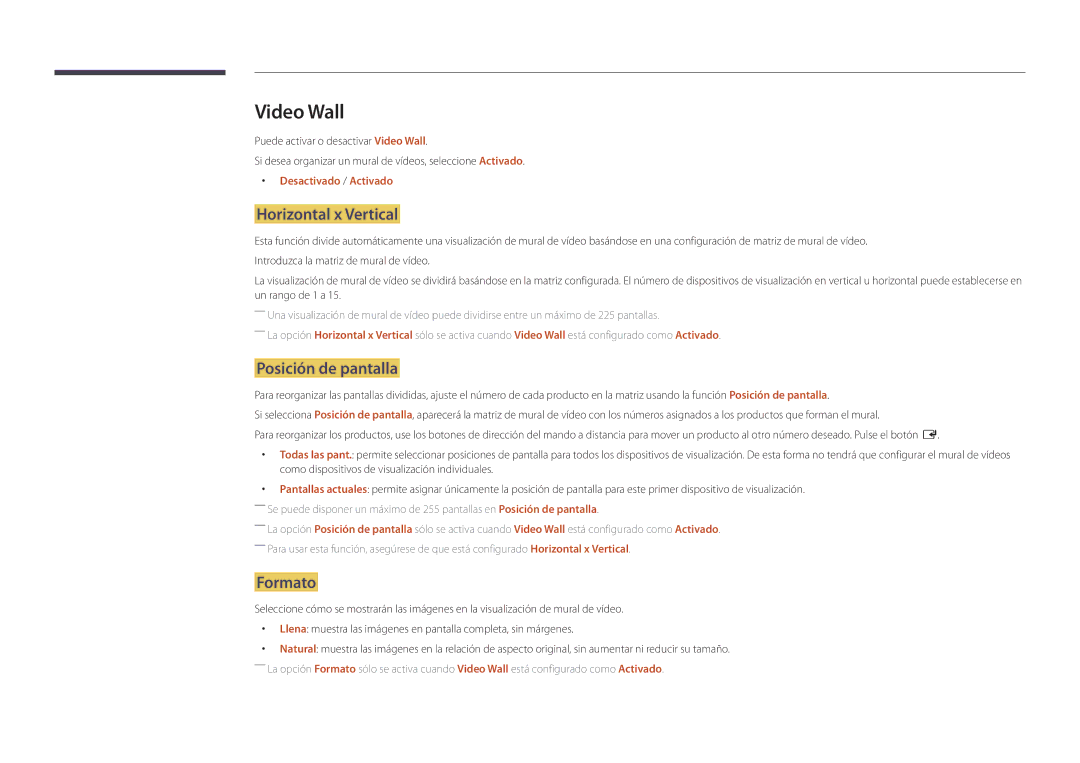 Samsung LH32DMDPLGK/EN manual Video Wall, Horizontal x Vertical, Posición de pantalla, Formato, Desactivado / Activado 