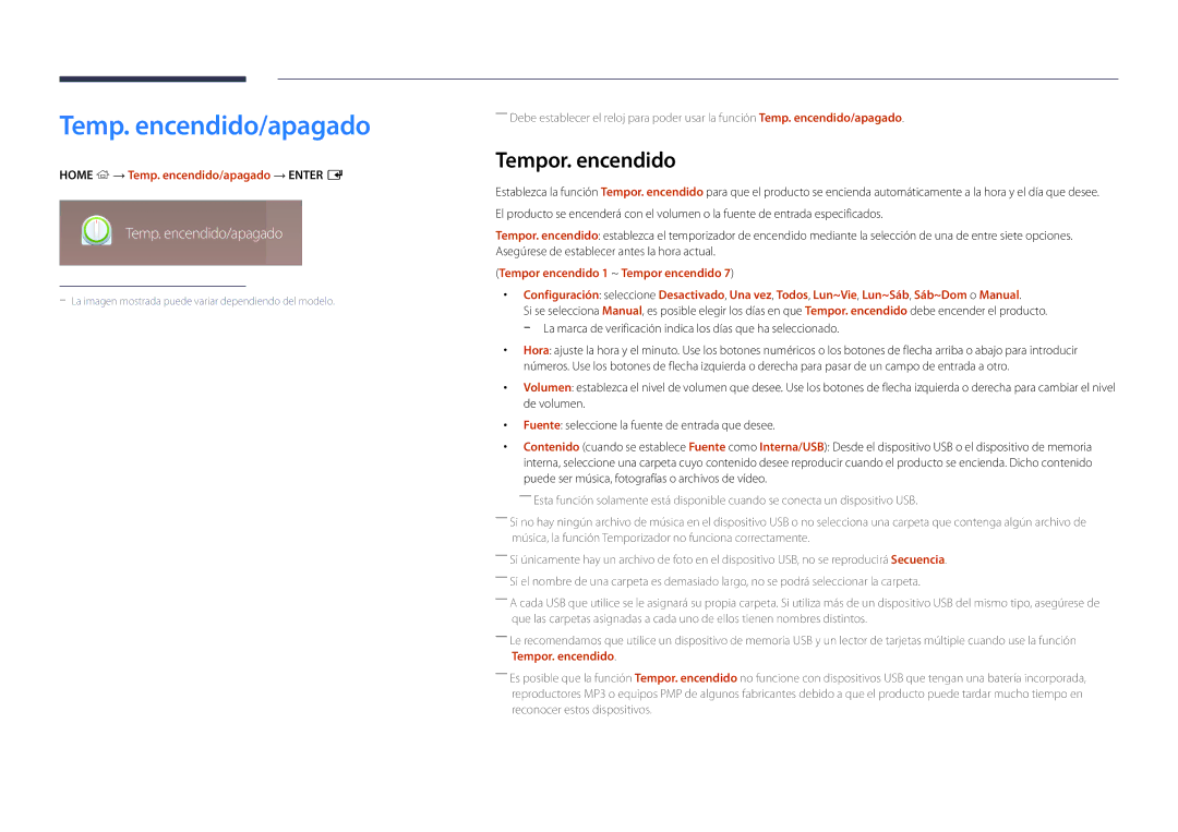 Samsung LH32DMDPLGC/EN, LH40DMDPLGC/EN, LH55DMDPLGC/EN manual Tempor. encendido, Home → Temp. encendido/apagado → Enter E 