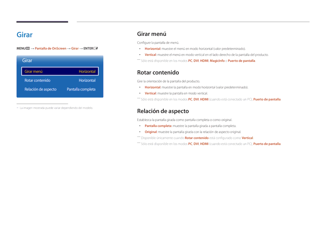 Samsung LH32DMDPLGC/EN, LH40DMDPLGC/EN, LH55DMDPLGC/EN, LH48DMDPLGC/EN Girar menú, Rotar contenido, Relación de aspecto 