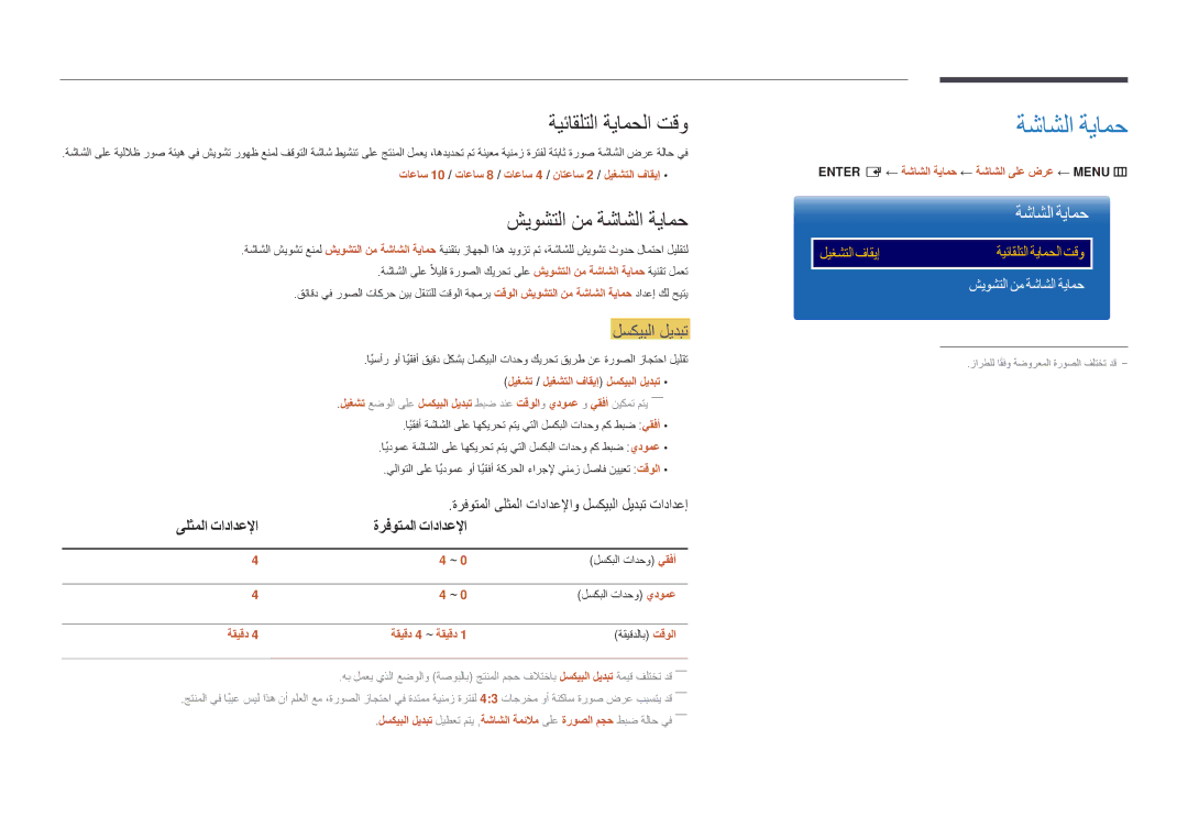 Samsung LH48DMDPLGC/UE, LH40DMDPLGC/EN, LH32DMDPLGC/EN ةيئاقلتلا ةيامحلا تقو, شيوشتلا نم ةشاشلا ةيامح, لسكيبلا ليدبت 