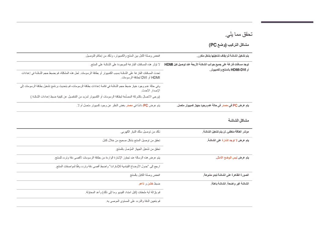 Samsung LH40DMDPLGC/NG, LH40DMDPLGC/EN manual Pc عضو بيكرتلا لكاشم, ةشاشلا لكاشم, لثملأا عضولا سيل ضرع متي, معان و نشخ طبض 