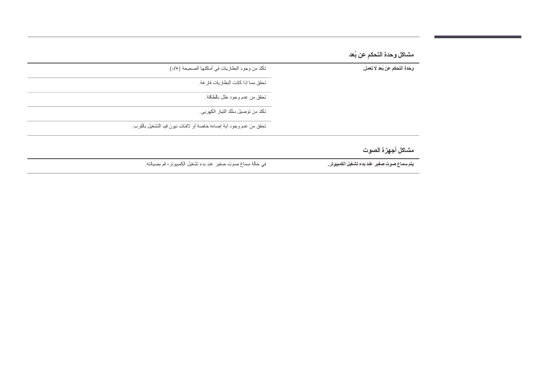 Samsung LH32DMDPLGC/NG manual دعبُ نع مكحتلا ةدحو لكاشم, توصلا ةزهجأ لكاشم, + ةحيحصلا اهنكامأ يف تايراطبلا دوجو نم دكأت 