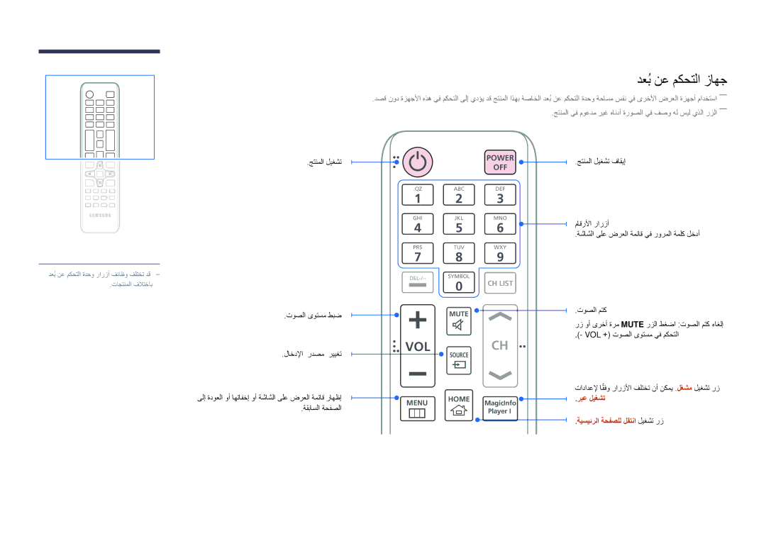 Samsung LH48DMDPLGC/EN, LH40DMDPLGC/EN, LH32DMDPLGC/EN manual دعبُنع مكحتلا زاهج, ربع ليغشت ةيسيئرلا ةحفصلل لقتنا ليغشت رز 