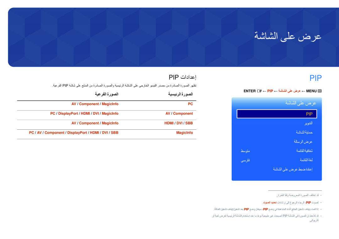 Samsung LH32DMDPLGC/UE, LH40DMDPLGC/EN, LH32DMDPLGC/EN manual ةشاشلا ىلع ضرع, Pip تادادعإ, ةيعرفلا ةروصلا ةيسيئرلا ةروصلا 