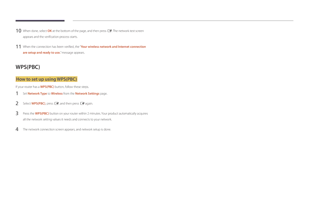 Samsung LH55DMDPLGC/NG, LH40DMDPLGC/EN How to set up using Wpspbc, If your router has a Wpspbc button, follow these steps 