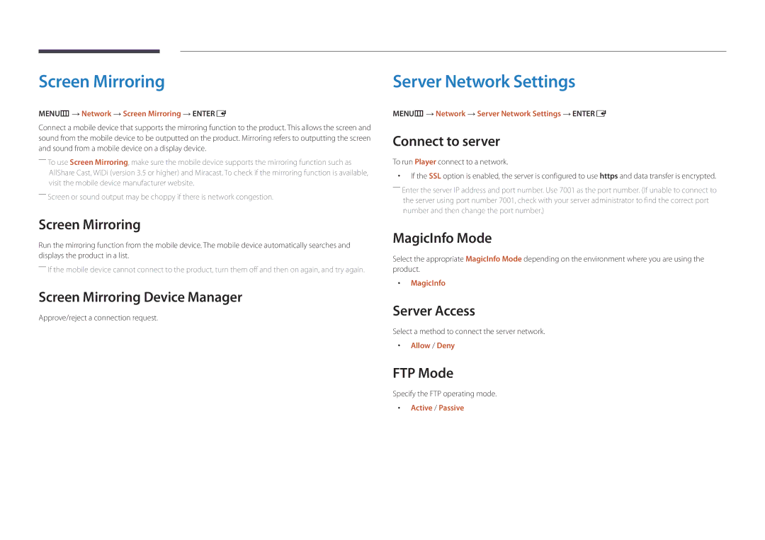 Samsung LH40DMDPLGC/XY, LH40DMDPLGC/EN, LH32DMDPLGC/EN, LH55DMDPLGC/EN manual Screen Mirroring, Server Network Settings 