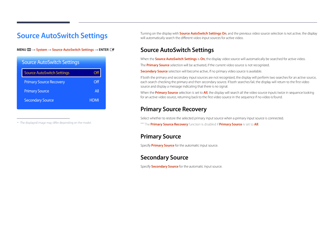 Samsung LH48DMDPLGC/EN, LH40DMDPLGC/EN manual Source AutoSwitch Settings, Primary Source Recovery, Secondary Source 