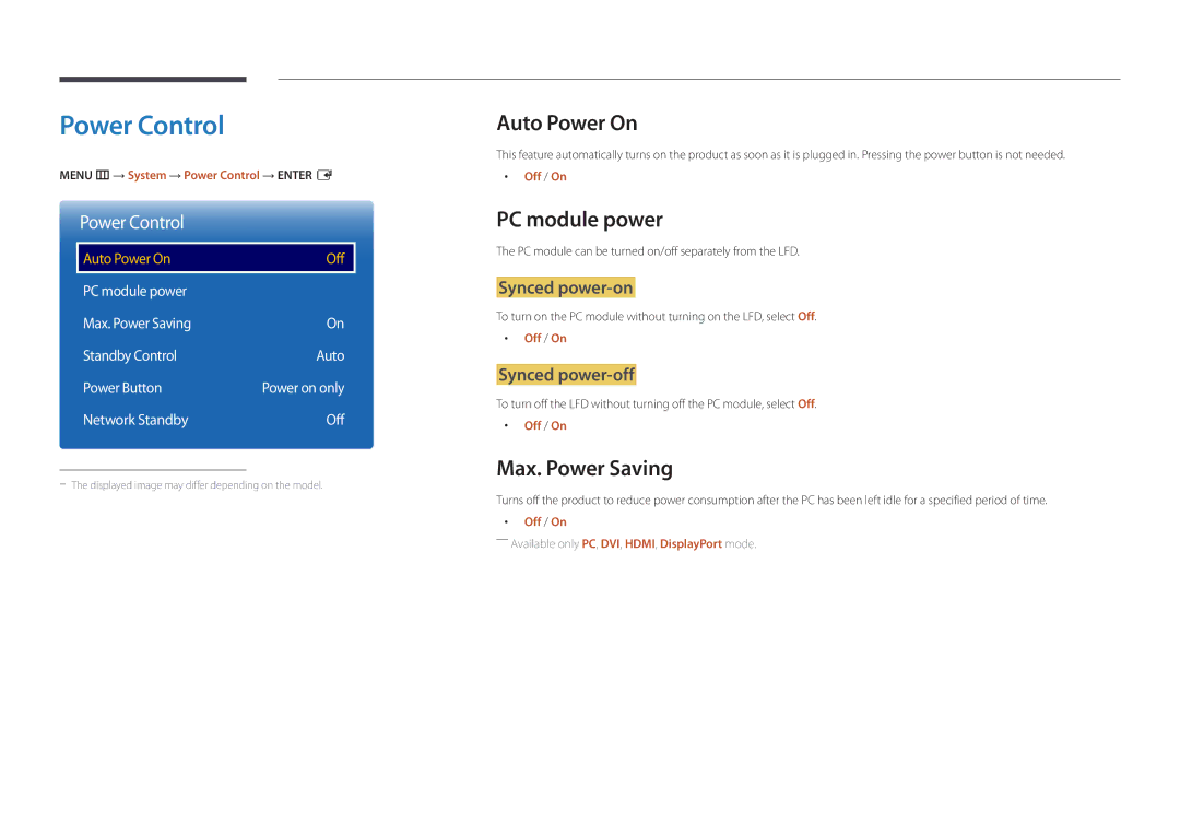 Samsung LH40DMDPLGC/NG, LH40DMDPLGC/EN, LH32DMDPLGC/EN Power Control, Auto Power On, PC module power, Max. Power Saving 