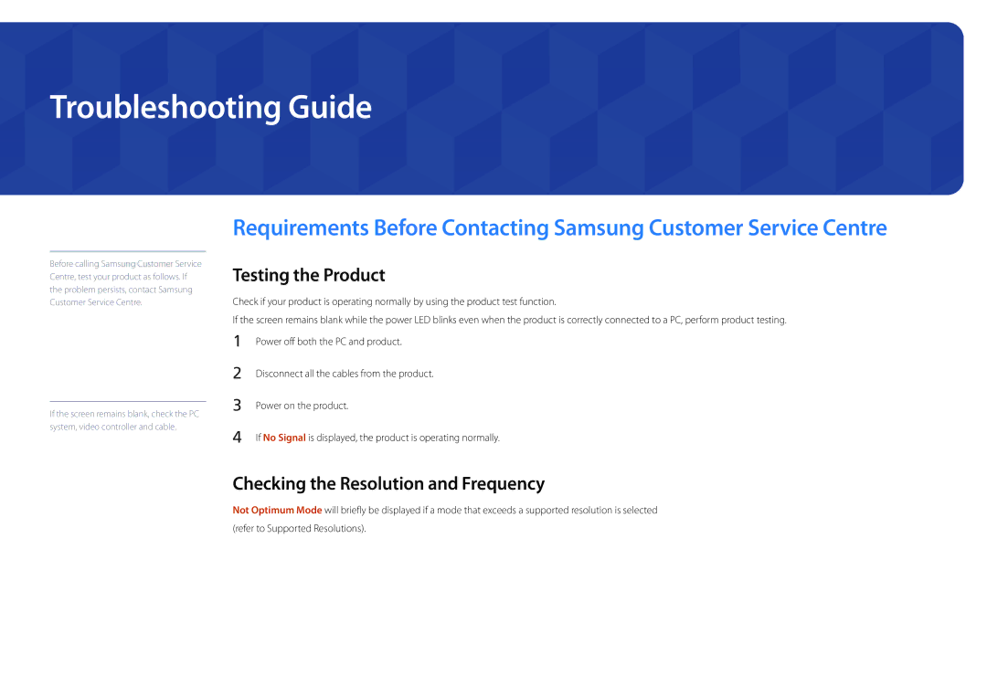 Samsung LH40DMDPLGC/EN, LH32DMDPLGC/EN Troubleshooting Guide, Testing the Product, Checking the Resolution and Frequency 