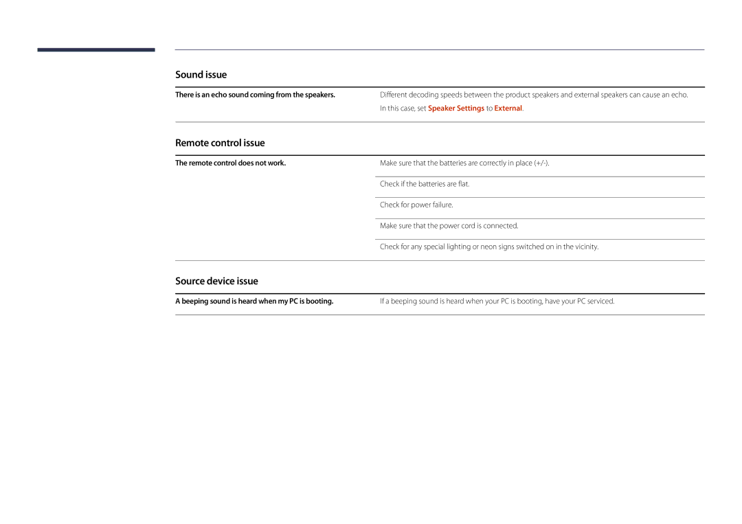 Samsung LH48DMDPLGC/NG manual Remote control issue, Source device issue, There is an echo sound coming from the speakers 