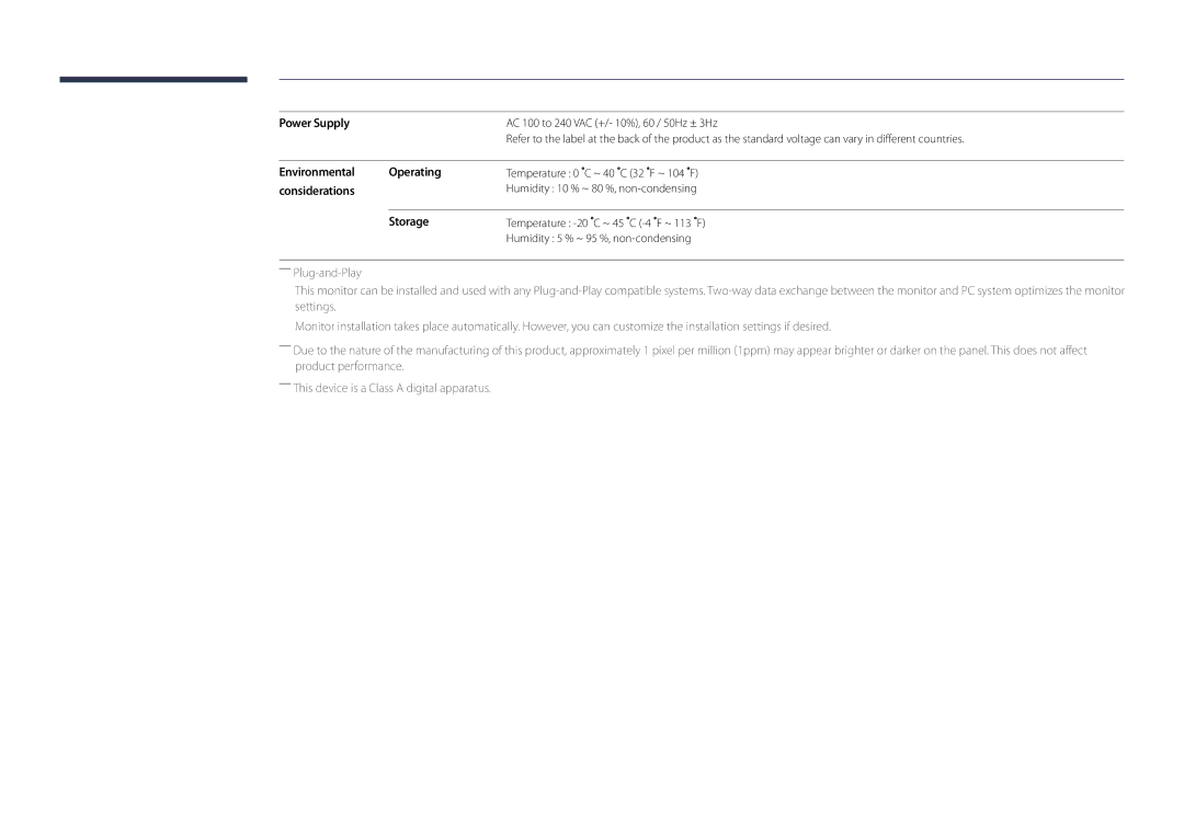 Samsung LH55DMDPLGC/SM, LH40DMDPLGC/EN, LH32DMDPLGC/EN manual Power Supply, Environmental Operating, Considerations, Storage 