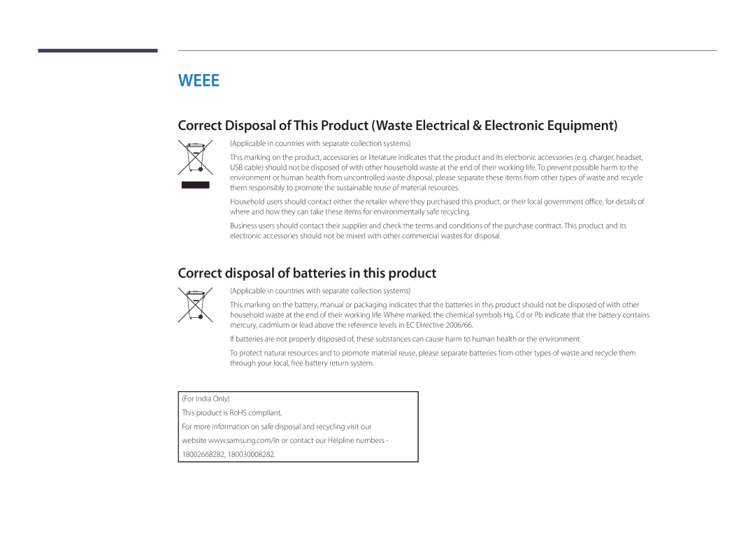 Samsung LH40DMDPLGC/CH, LH40DMDPLGC/EN, LH32DMDPLGC/EN, LH55DMDPLGC/EN manual Correct disposal of batteries in this product 