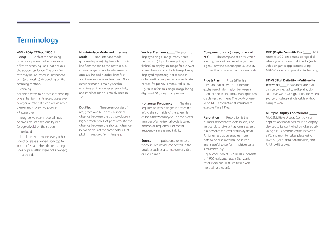 Samsung LH48DMDPLGC/EN, LH40DMDPLGC/EN, LH32DMDPLGC/EN, LH55DMDPLGC/EN, LH40DMDPLGC/NG manual Terminology, 480i / 480p / 720p 