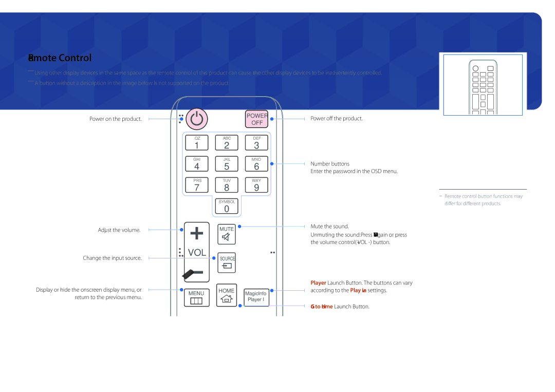 Samsung LH32DMDPLGC/EN, LH40DMDPLGC/EN Remote Control, Power on the product Adjust the volume, Change the input source 