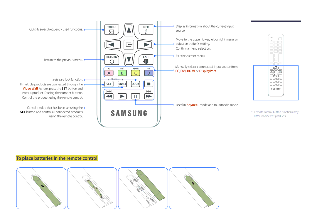 Samsung LH55DMDPLGC/EN, LH40DMDPLGC/EN To place batteries in the remote control, Quickly select frequently used functions 