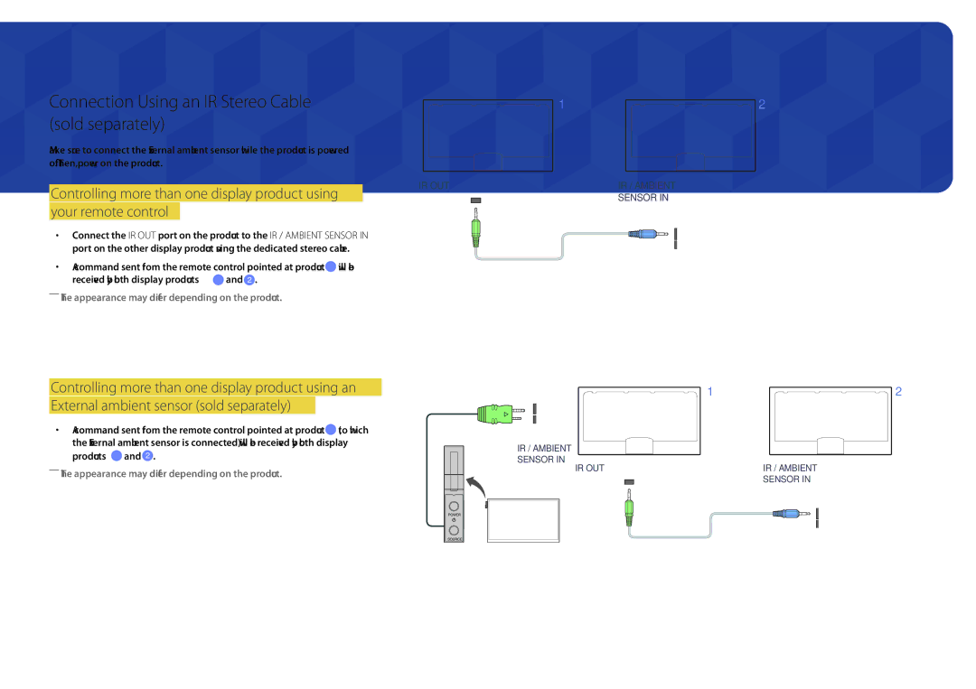 Samsung LH48DMDPLGC/EN, LH40DMDPLGC/EN, LH32DMDPLGC/EN, LH55DMDPLGC/EN Connection Using an IR Stereo Cable sold separately 